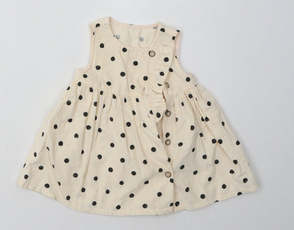 sainsburys Girls Beige Polka Dot Cotton A-Line  Size 3-6 Months  Crew Neck Button