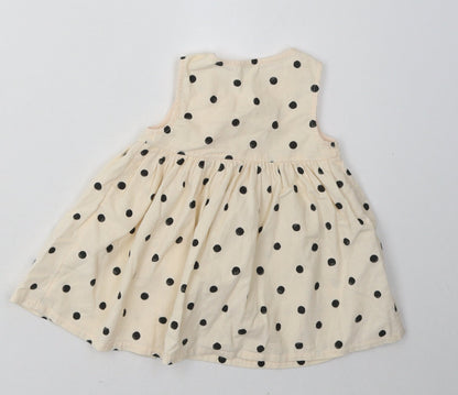 sainsburys Girls Beige Polka Dot Cotton A-Line  Size 3-6 Months  Crew Neck Button