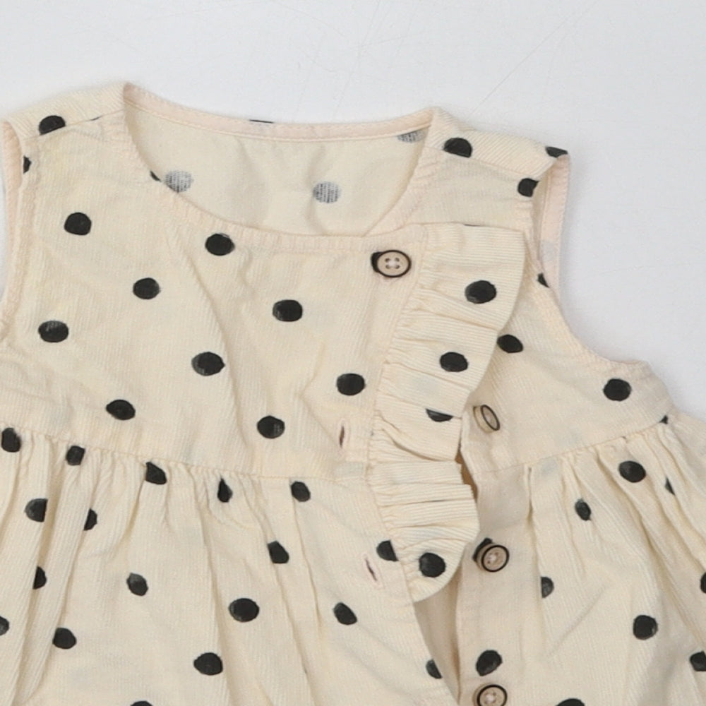 sainsburys Girls Beige Polka Dot Cotton A-Line  Size 3-6 Months  Crew Neck Button