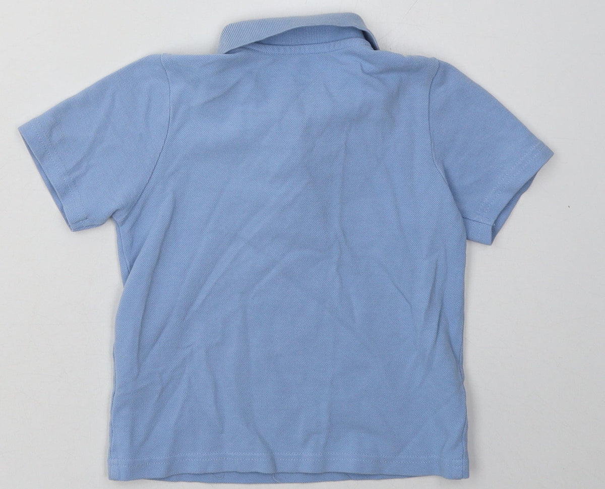 Back view of Matalan boys’ blue cotton basic polo, size 5, years collared button - school wear