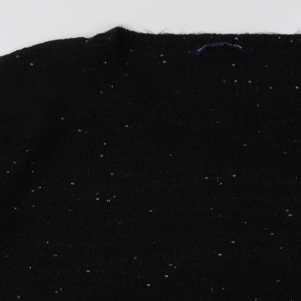 Close-up detail of Store Twenty One women’s black acrylic pullover sweatshirt, size L, pullover - sequin detail