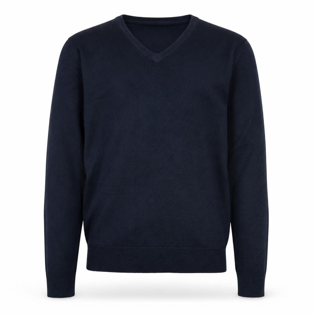 Front view of Cedarwood State men’s blue v-neck acrylic jumper, size S