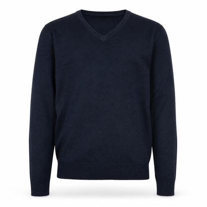 Front view of Cedarwood State men’s blue v-neck acrylic jumper, size S