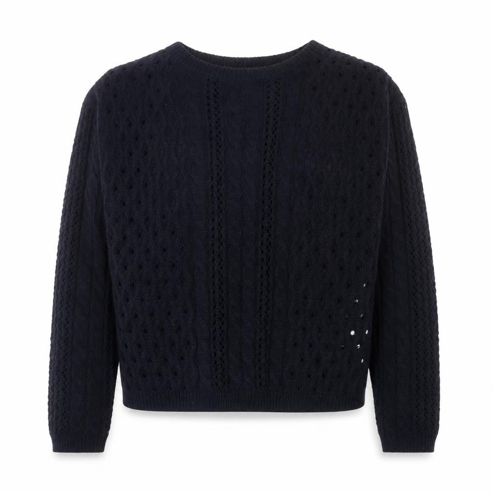 Front view of Marks & Spencer women’s blue round neck geometric acrylic jumper, size UK 10