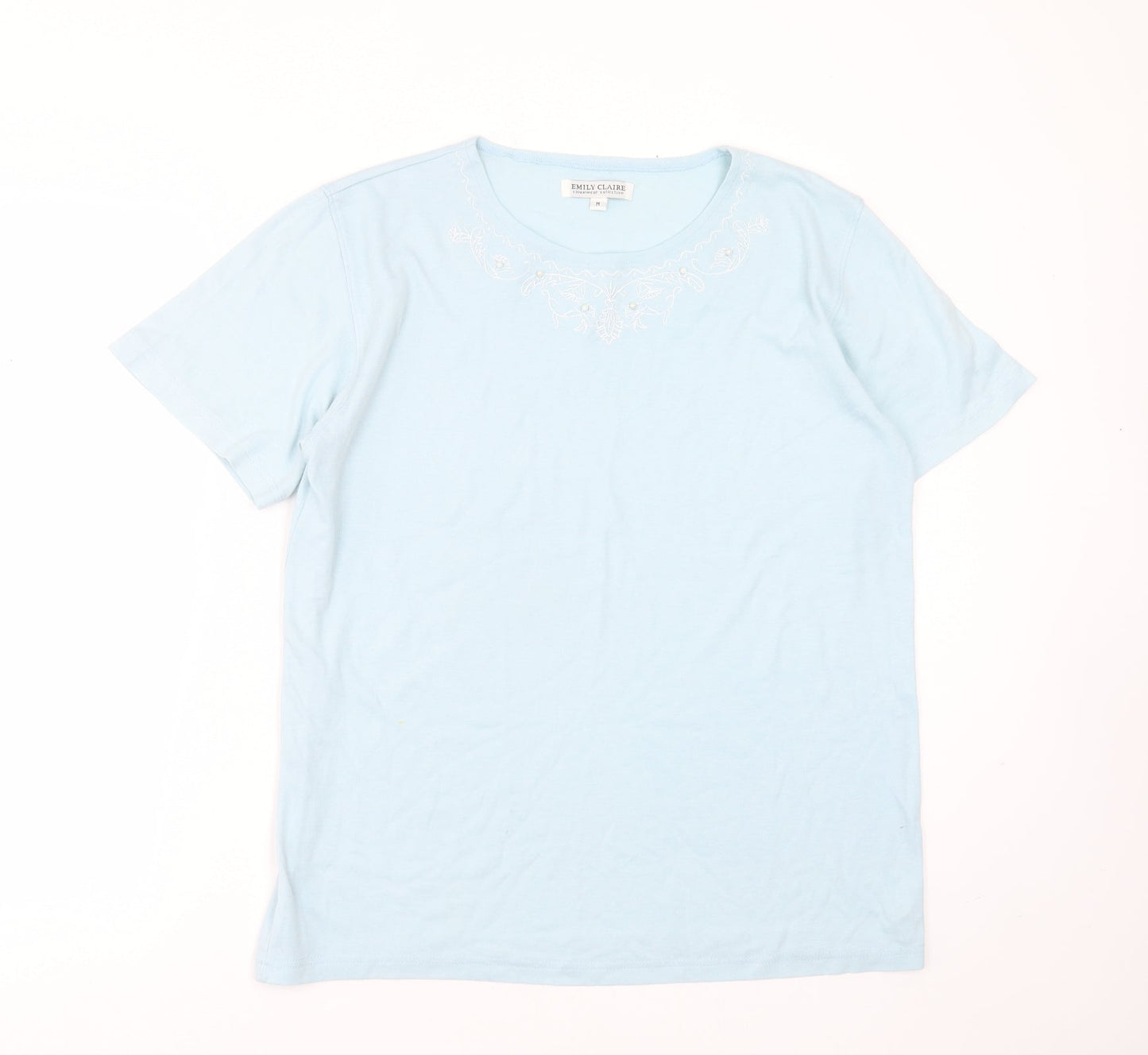 emily claire Womens Blue  Cotton Blend Basic T-Shirt Size M Round Neck - Embroidered detail