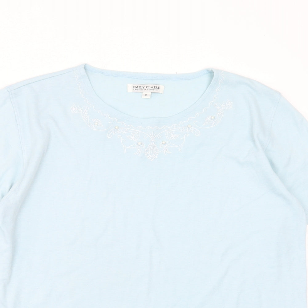 emily claire Womens Blue  Cotton Blend Basic T-Shirt Size M Round Neck - Embroidered detail