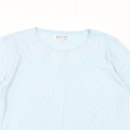 emily claire Womens Blue  Cotton Blend Basic T-Shirt Size M Round Neck - Embroidered detail