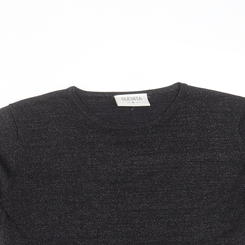 Close-up detail of Suchita women’s black round neck viscose jumper, size S
