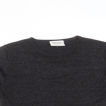 Close-up detail of Suchita women’s black round neck viscose jumper, size S
