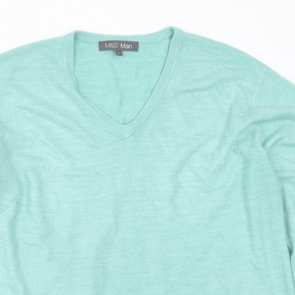 Marks and Spencer Mens Green V-Neck  Acrylic Pullover Jumper Size L