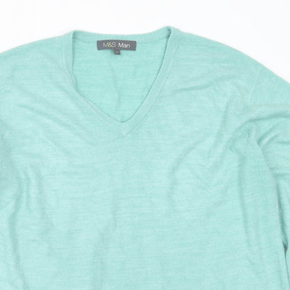 Marks and Spencer Mens Green V-Neck  Acrylic Pullover Jumper Size L