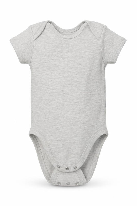Front view of Pure Baby Baby Grey Cotton Babygrow One-Piece, size 12-18, Months Buckle