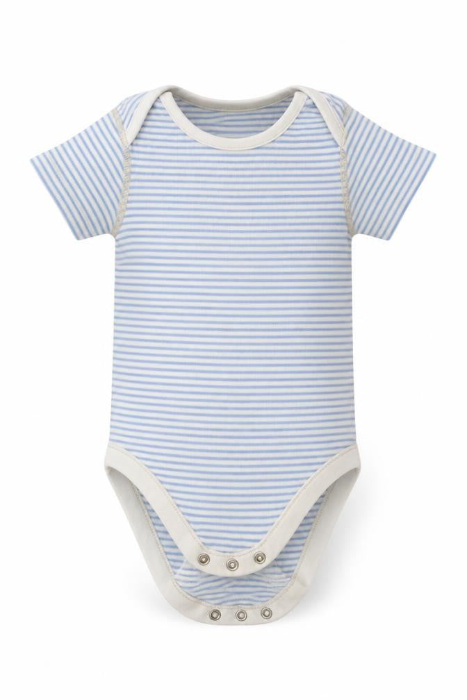 Front view of Marks & Spencer boys’ blue striped cotton babygrow one-piece, size 9-12, months buckle