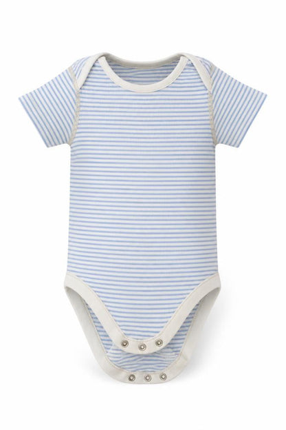 Front view of Marks & Spencer boys’ blue striped cotton babygrow one-piece, size 9-12, months buckle