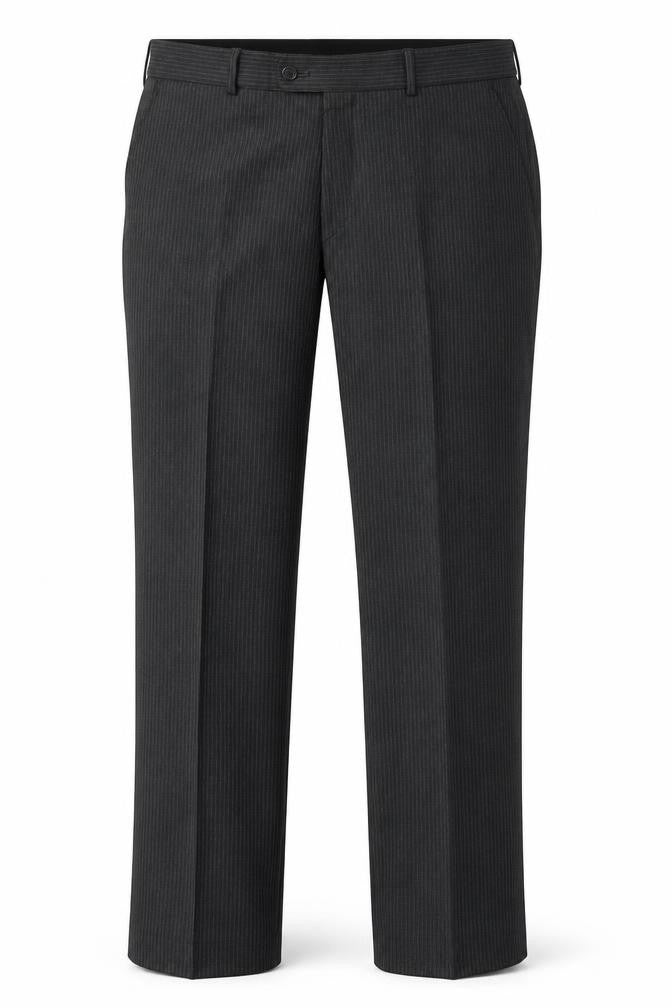 Front view of karl jackson women’s grey striped polyester trousers, size UK 36, 31-inch leg regular button - short