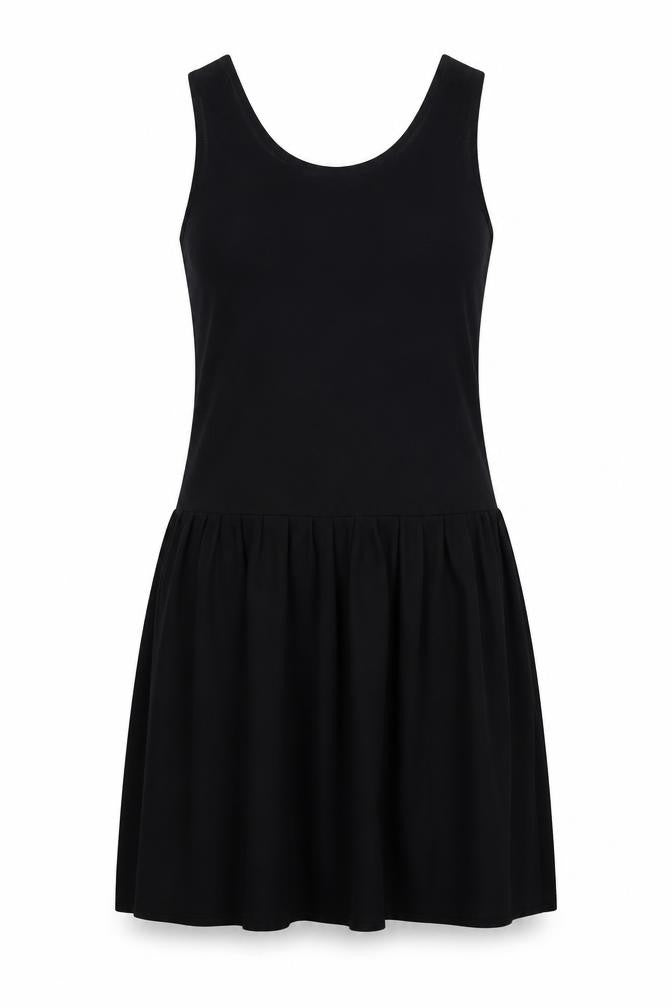 Front view of women’s black polyester tank dress, size UK 12, round neck