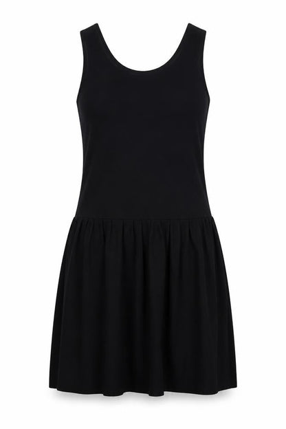 Front view of women’s black polyester tank dress, size UK 12, round neck