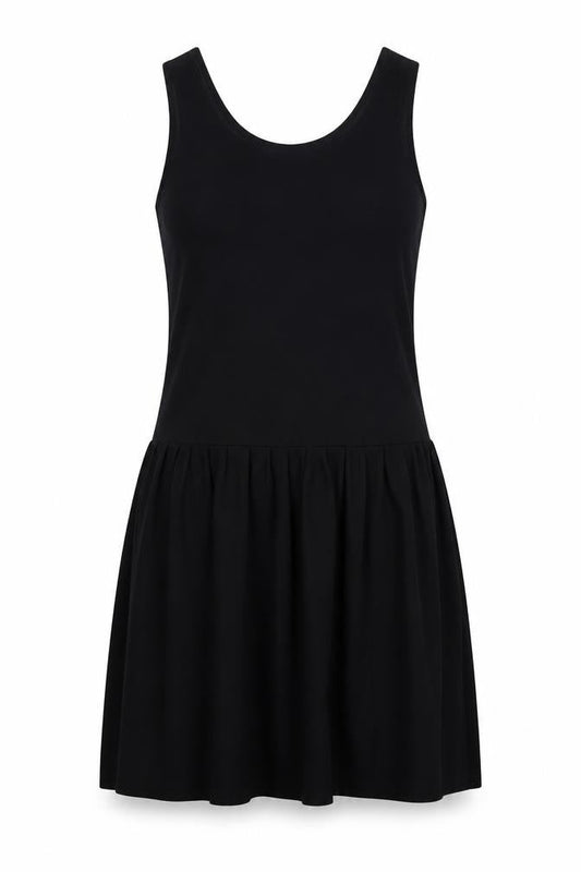 Front view of women’s black polyester tank dress, size UK 12, round neck