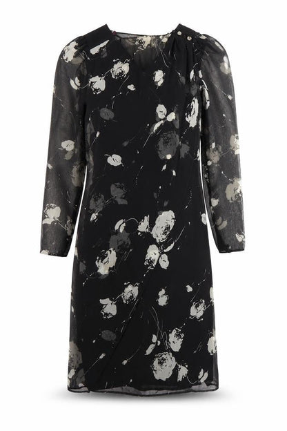 Front view of Frank Usher women’s multicoloured floral polyester shift, size UK 10, round neck