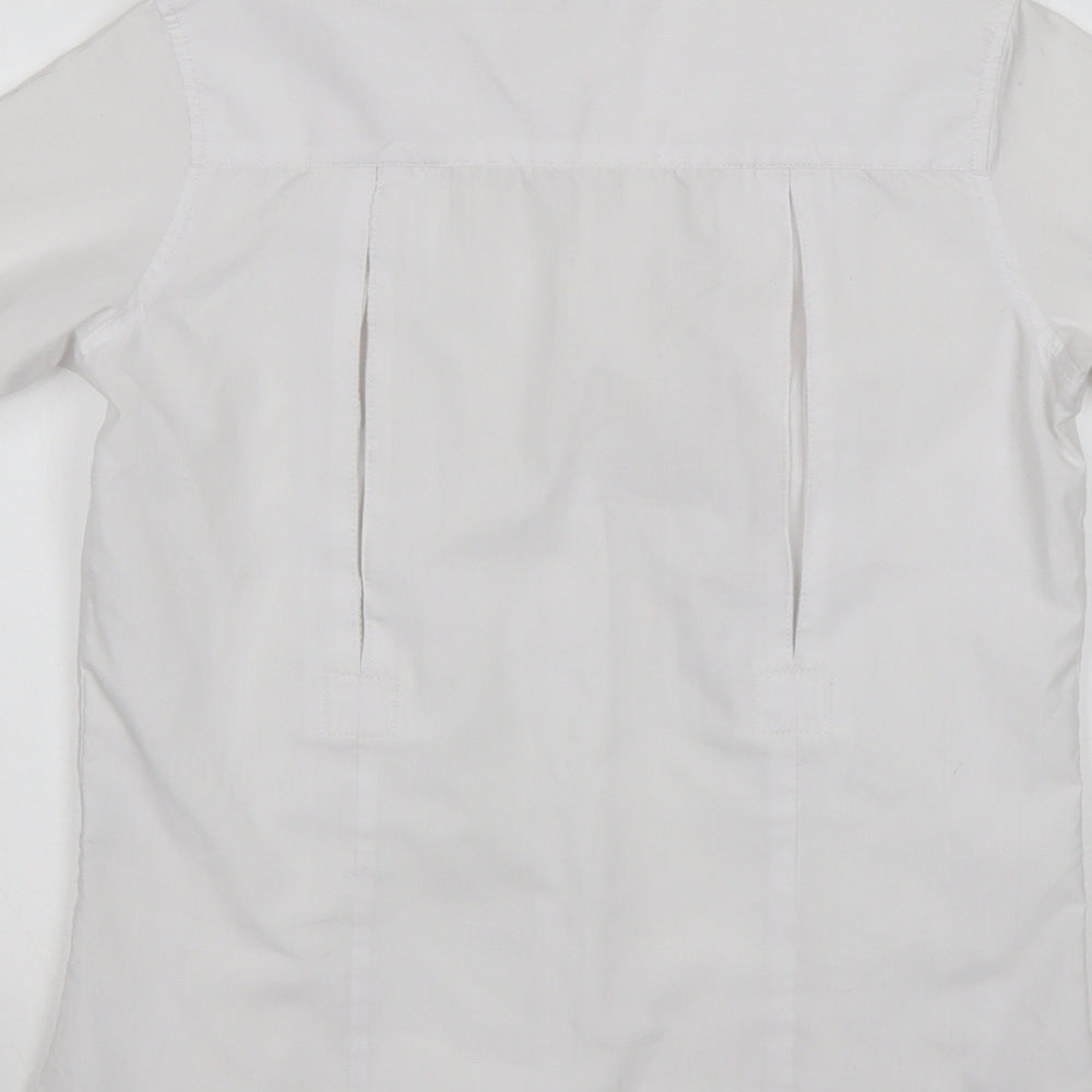 Brand and care label for Dublin women’s white polyester basic button-up, size UK 10, collared
