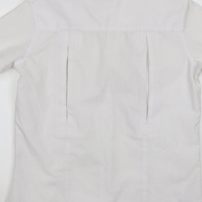 Brand and care label for Dublin women’s white polyester basic button-up, size UK 10, collared