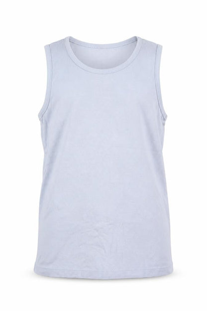 Front view of Marks & Spencer boys’ blue 100% cotton basic tank, size 9-10, years round neck