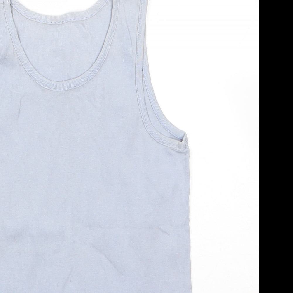 Close-up detail of Marks & Spencer boys’ blue 100% cotton basic tank, size 9-10, years round neck