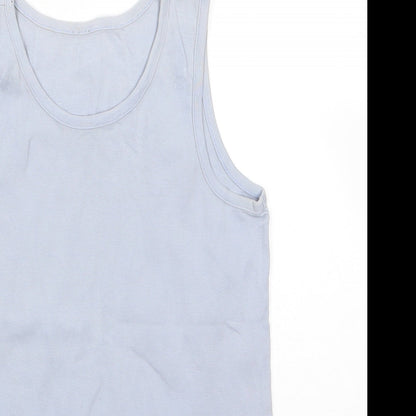 Close-up detail of Marks & Spencer boys’ blue 100% cotton basic tank, size 9-10, years round neck