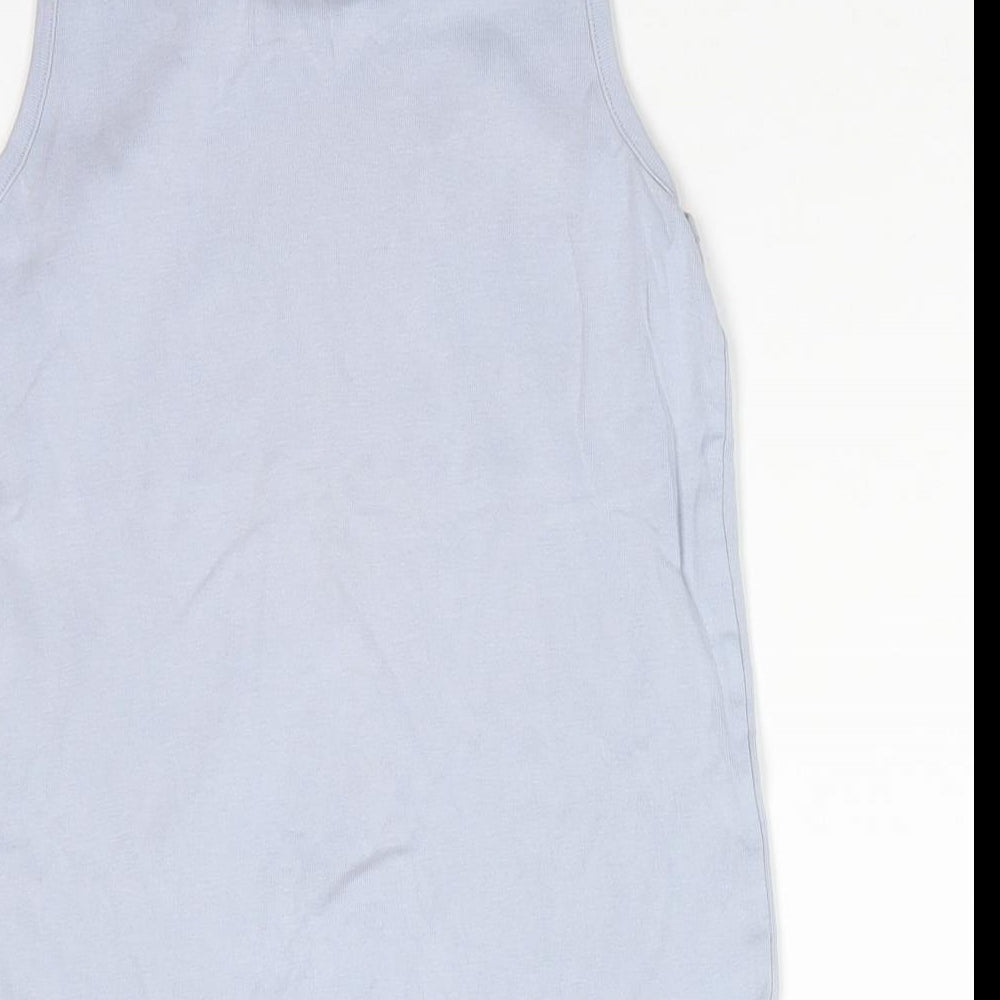 Brand and care label for Marks & Spencer boys’ blue 100% cotton basic tank, size 9-10, years round neck