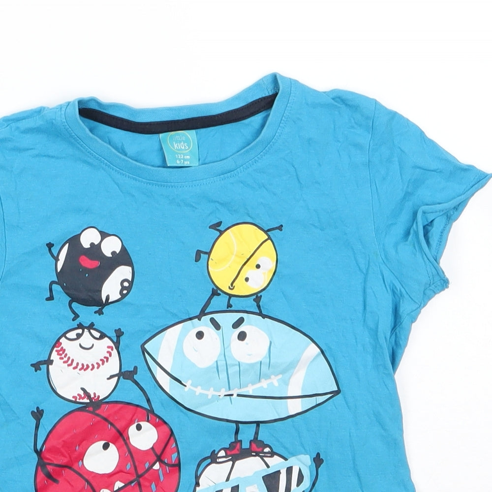 Little Kids Boys Blue  100% Cotton Basic T-Shirt Size 6-7 Years Round Neck