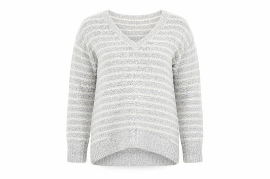 Front view of Originals women’s grey v-neck acrylic jumper, size M