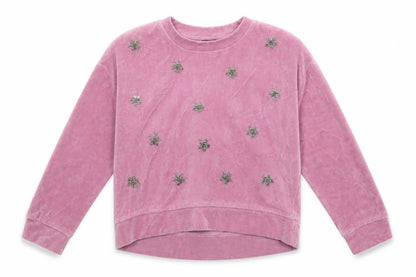 Front view of Next girls’ pink cotton pullover sweatshirt, size 6, years - snowflake pattern