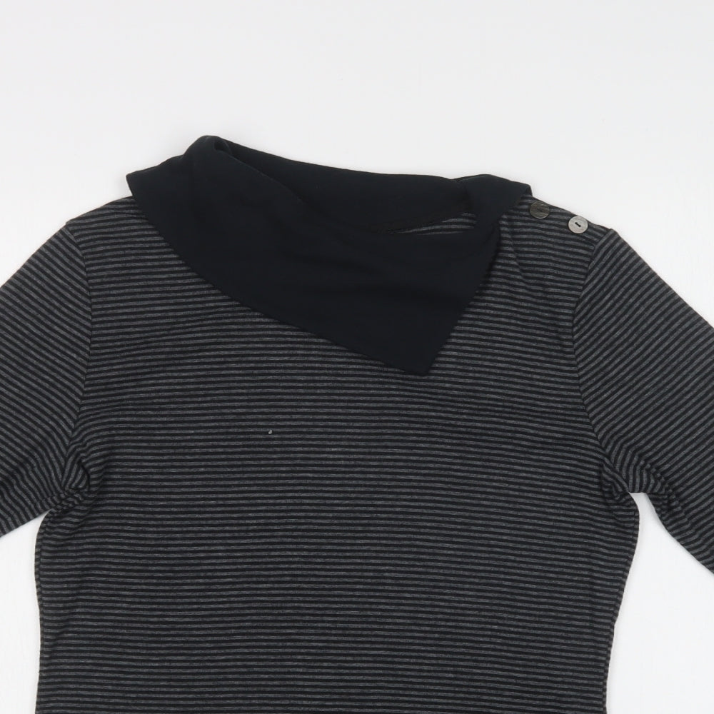 M&S Womens Grey Striped Cotton Basic Blouse Size 12 Collared