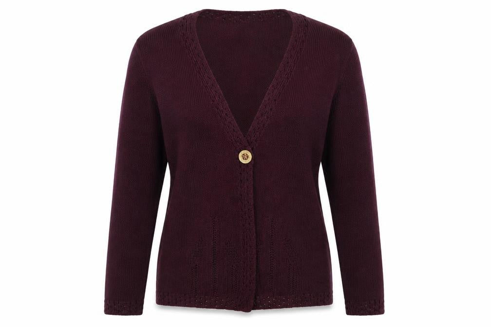 Front view of Signature Experience women’s purple v-neck acrylic cardigan jumper, size XL