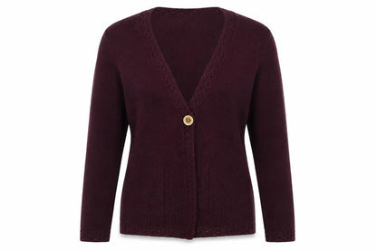 Front view of Signature Experience women’s purple v-neck acrylic cardigan jumper, size XL