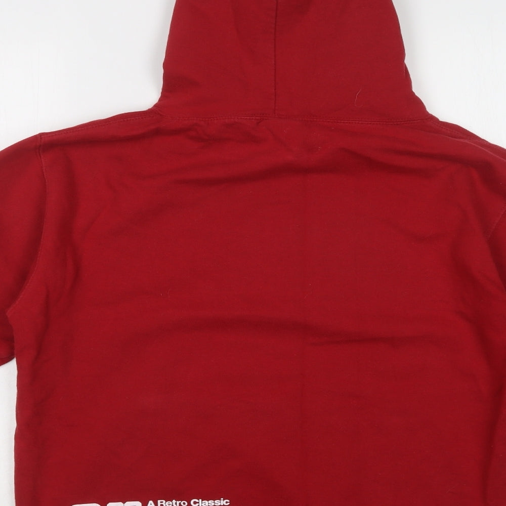 Brand and care label for Awdis women’s red cotton pullover hoodie, size S