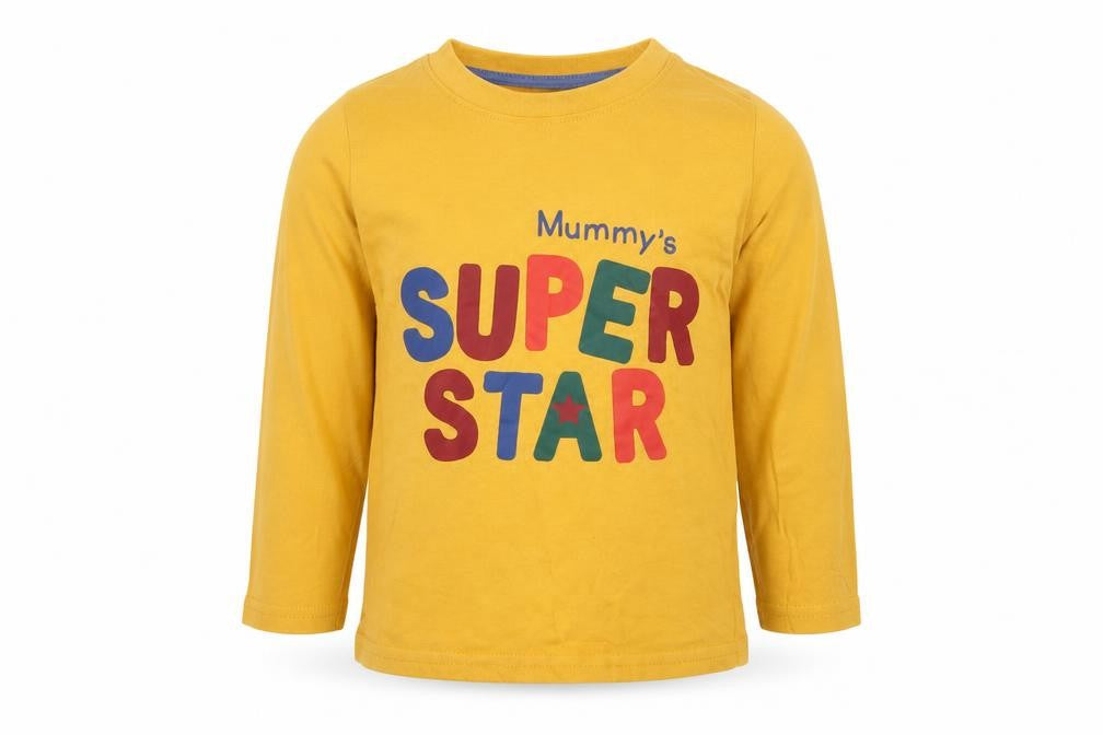 Front view of Primark Baby Yellow Cotton Basic T-Shirt, size 18-24, Months Crew Neck - Super Star