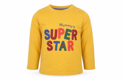 Front view of Primark Baby Yellow Cotton Basic T-Shirt, size 18-24, Months Crew Neck - Super Star