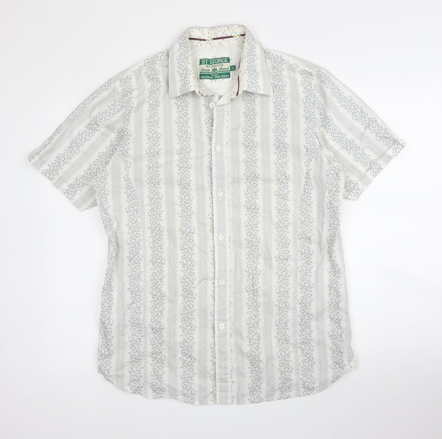 St George by Duffer Mens Grey Floral Cotton  Button-Up Size M Collared Button