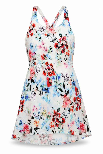 Front view of H&M women’s white floral viscose a-line, size M, v-neck