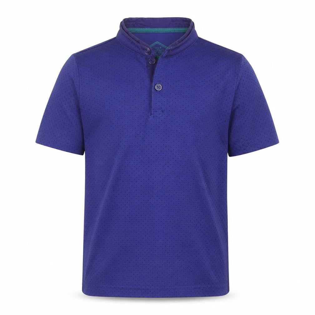 Front view of Matalan boys’ blue cotton basic polo, size 7, years collared button