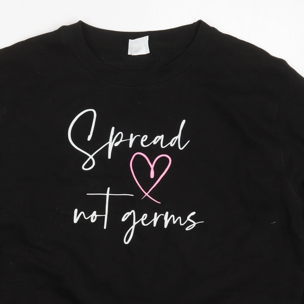 Close-up detail of All We Do is women’s black cotton pullover sweatshirt, size S, pullover - spread love not germs