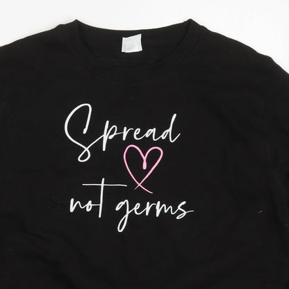 Close-up detail of All We Do is women’s black cotton pullover sweatshirt, size S, pullover - spread love not germs