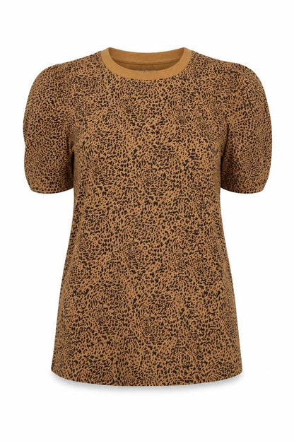 Front view of Amazon women’s brown animal print cotton basic t-shirt, size L, round neck