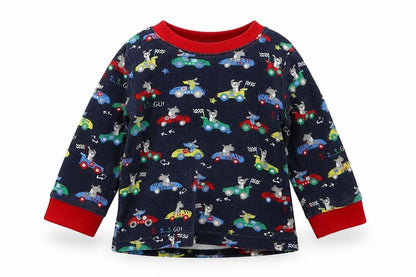 Front view of George boys’ blue solid cotton cami pyjama top, size 6-9, months pullover - racecars