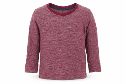 Front view of Matalan boys’ red striped cotton basic t-shirt, size 9-12, months round neck pullover