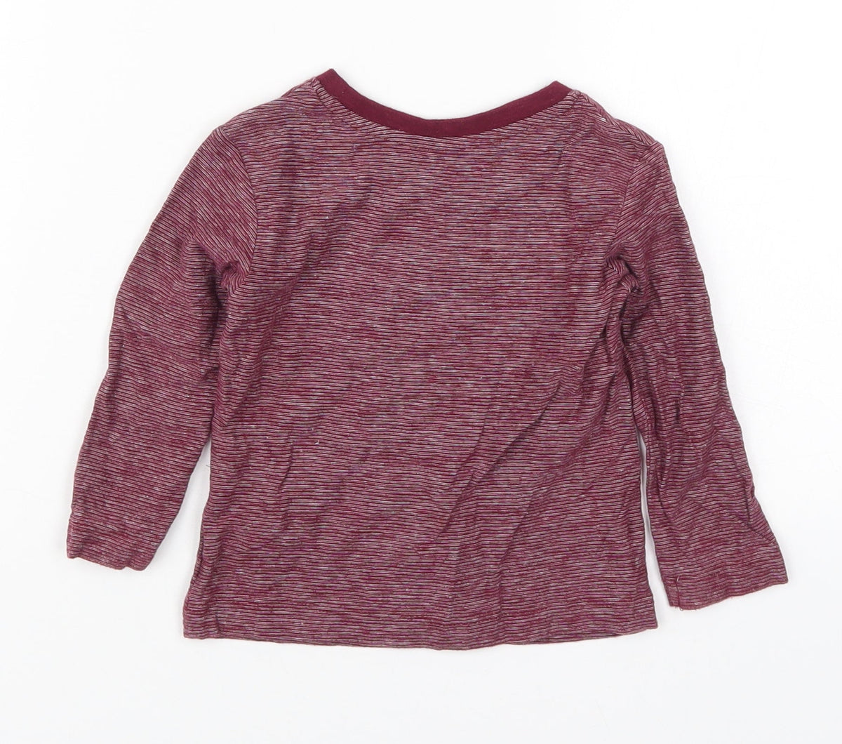 Back view of Matalan boys’ red striped cotton basic t-shirt, size 9-12, months round neck pullover