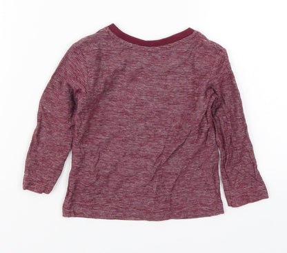 Back view of Matalan boys’ red striped cotton basic t-shirt, size 9-12, months round neck pullover