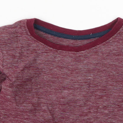 Close-up detail of Matalan boys’ red striped cotton basic t-shirt, size 9-12, months round neck pullover