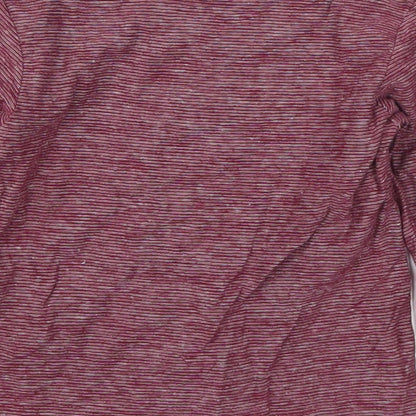 Brand and care label for Matalan boys’ red striped cotton basic t-shirt, size 9-12, months round neck pullover